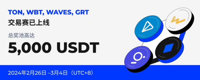 图片[1] - 火必：火币HTX将于2024年2月26日上线TON，WBT，WAVES，GRT交易赛， 交易瓜分5,000 USDT